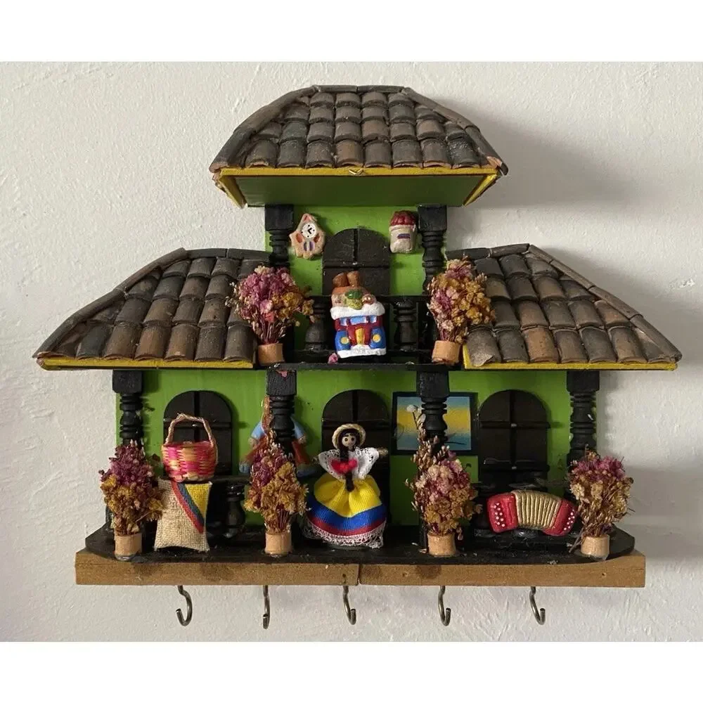Handcrafted Colombian Folk Art Wooden Casita House 3D Wall Art 9x9x2 Key Holder - Picture 3 of 6